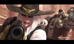  1boy aiming arm_cannon ashe_(overwatch) black_eyeshadow black_headwear black_vest bob_(overwatch) clenched_hand collared_shirt cowboy_hat dishwasher1910 eyeshadow female green_eyes gun hat holding holding_gun holding_weapon makeup mole mole_above_mouth one_eye_closed overwatch red_eyes reward_available robot science_fiction shirt vest weapon western white_hair white_shirt 