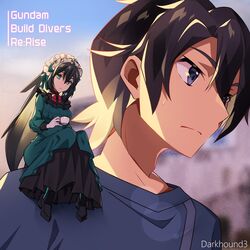  1boy black_hair blue_eyes casual cup dark_hound_3 dress female gothic_lolita green_eyes gundam gundam_build_divers gundam_build_divers_re:rise gunpla hairband highres kuga_hiroto lolita_fashion lolita_hairband may_(gundam_build_divers_re:rise) mini_person minigirl mobile_doll_may model_kit shirt sitting_on_shoulder sweatdrop t-shirt teacup twitter_username upper_body 