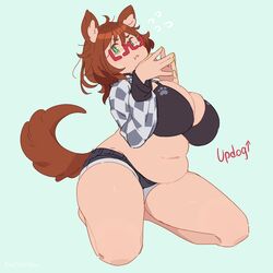  amai_umimaru_(artist) animal_ear_fluff animal_ears arrow_(symbol) belly black_bra bra breasts brown_hair brown_tail cleavage closed_mouth cropped_hoodie edie_crop_hoodie english_text fat female full_body glasses green_background green_eyes green_nails hair_between_eyes hood hood_down hoodie indie_virtual_youtuber large_breasts long_sleeves looking_at_viewer medium_hair meme_attire mint_castella navel no_nose red-framed_eyewear semi-rimless_eyewear shorts simple_background solo steepled_fingers tail thick_thighs thighs underwear virtual_youtuber 