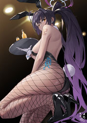  animal_ears ass bare_arms bare_back bare_shoulders black_footwear black_leotard blue_archive bottle breasts commentary_request dark-skinned_female dark_skin fake_animal_ears fake_tail female fishnet_pantyhose fishnets gloves halo high_heels highres holding holding_tray karin_(blue_archive) karin_(bunny)_(blue_archive) large_breasts leotard long_hair number_tattoo official_alternate_costume pantyhose playboy_bunny ponytail rabbit_ears rabbit_tail shadow_cat_(yingmiao) sideboob solo strapless strapless_leotard tail tattoo thighs tray very_long_hair white_gloves wrist_cuffs 