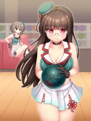  2girls ball beret black_gloves black_hair bowling bowling_ball breasts brown_hair choukai_(kancolle) choukai_kai_ni_(kancolle) glasses gloves hair_ornament hairclip hat hat_ribbon headgear highres holding holding_ball kantai_collection large_breasts long_hair maya_(kancolle) maya_kai_ni_(kancolle) midriff mini_hat miniskirt multiple_girls pleated_skirt red_eyes red_ribbon ribbon rimless_eyewear school_uniform serafuku shokuane short_hair sitting skirt sleeveless solo_focus white_skirt x_hair_ornament 