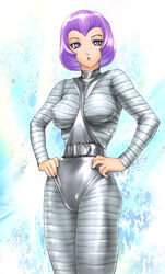  1970s_(style) bob_cut bodysuit breasts female gay_ellis looking_at_viewer purple_eyes purple_hair retro_artstyle solo standing turtleneck ueyama_michirou ufo_(copyright) 