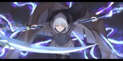  fate_(series) gray_(lord_el-melloi_ii) gray_hair lord_el-melloi_ii_case_files orange_eyes piisu scythe thighhighs weapon 