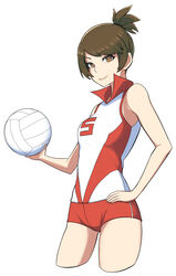  absurdres ass_visible_through_thighs bad_id bad_pixiv_id ball bare_shoulders breasts brown_eyes brown_hair closed_mouth commentary cowboy_shot cropped_legs female girls_und_panzer hair_tie hand_on_own_hip high_collar high_ponytail highres holding holding_ball kawanishi_shinobu looking_at_viewer medium_breasts micro_shorts ooarai_volleyball_uniform red_shirt red_shorts shirt short_hair short_ponytail shorts sidelocks simple_background single_vertical_stripe sleeveless sleeveless_shirt smile solo sportswear standing swept_bangs volleyball volleyball_(object) volleyball_uniform white_background wide_ponytail yougata 