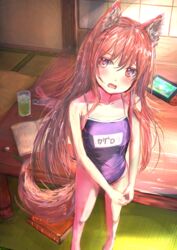  absurdres animal_ear_fluff animal_ears bad_id bad_pixiv_id barefoot blush book collarbone commentary_request competition_school_swimsuit cup drinking_glass female highres ice ice_cube imaizumi_kagerou long_hair mame_(mame3737) math name_tag nintendo_switch one-piece_swimsuit open_mouth paper pencil red_eyes school_swimsuit solo swimsuit tail tears touhou wavy_mouth wolf_ears 