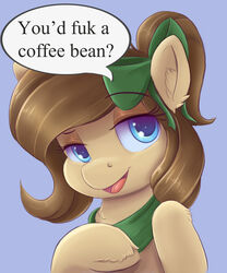  2017 5:6 absurd_res accessory ardail blue_eyes bow_(feature) bow_ribbon brown_hair bust_portrait dialogue english_text equid equine eyebrows fan_character female hair hair_accessory hair_ribbon hairbow hasbro hi_res hooves horse mammal mocha_latte my_little_pony open_mouth pony portrait raised_eyebrow ribbons solo text unguligrade 