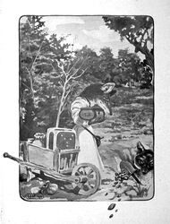  1920 20th_century ancient_art anthro bag canid canine chest_(container) clothed clothing digging duo female fox greyscale hermeline hi_res holding_object holding_shovel holding_tool hole_(pit) joseph_jacinto_mora male mammal monochrome outside plant public_domain reynard_the_fox shovel signature standing text tools traditional_media_(artwork) tree wheelbarrow 