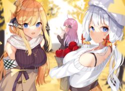  3girls ahoge alternate_costume apple azur_lane bag bare_shoulders black_ribbon black_sweater blonde_hair blue_eyes blurry blurry_background blush breasts brown_skirt commentary_request cross cross_necklace depth_of_field food fruit ginkgo_leaf ginkgo_tree hair_between_eyes hair_bun hair_ornament hair_ribbon hairclip highres hugging_object illustrious_(azur_lane) jewelry large_breasts latin_cross laurel_crown leaf long_hair long_sleeves looking_at_viewer looking_to_the_side mizuki_ryuu multiple_girls necklace off-shoulder_sweater off_shoulder official_alternate_costume one_side_up paper_bag purple_eyes purple_hair red_apple ribbon scarf single_hair_bun single_side_bun skirt sleeveless sleeveless_sweater stuffed_animal stuffed_toy stuffed_unicorn sweater unicorn_(azur_lane) very_long_hair victorious_(azur_lane) victorious_(the_goddess&#039;_day_off)_(azur_lane) white_hair white_scarf white_sweater 