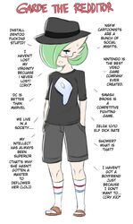  absurd_res bodily_fluids clothed clothing dialogue english_text eyewear female_(lore) gardevoir generation_3_pokemon gentoo glasses green_hair hair hat headgear headwear hi_res nintendo not_furry pokemon pokemon_(species) profanity redditor_gardevoir saltyxodium solo sweat text white_body 