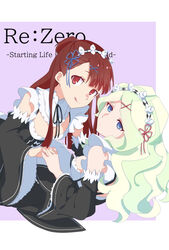  2girls alternate_costume apron black_dress blue_eyes blue_ribbon brown_hair copyright_name cosplay cowgirl_position detached_collar detached_sleeves diana_cavendish dress enmaided frills green_hair hair_ornament hair_ribbon highres holding_hands kagari_atsuko light_green_hair little_witch_academia long_hair looking_at_viewer lying maid maid_headdress mochirou_(giri_choco_inverse) multicolored_hair multiple_girls on_back pink_ribbon ram_(re:zero) ram_(re:zero)_(cosplay) re:zero_kara_hajimeru_isekai_seikatsu red_eyes rem_(re:zero) rem_(re:zero)_(cosplay) ribbon roswaal_mansion_maid_uniform two-tone_hair white_apron x_hair_ornament yuri 