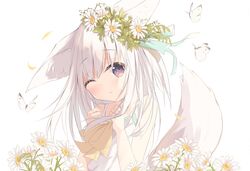  ;o animal animal_ears bare_arms bare_shoulders blush bow bug butterfly commentary dress female flower fox_ears fox_girl fox_tail hair_between_eyes hair_flower hair_ornament head_tilt highres kushida_you long_hair looking_at_viewer one_eye_closed original parted_lips petals purple_eyes simple_background sleeveless sleeveless_dress solo tail tail_raised upper_body white_background white_butterfly white_dress white_flower white_hair yellow_bow 