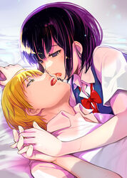  1boy awaya_mugi bed_sheet black_hair blonde_hair blue_dress blurry blurry_background bob_cut bokeh bow bowtie commentary couple cowgirl_position depth_of_field dress drooling female french_kiss half-closed_eyes highres holding_hands interlocked_fingers kissing kuzu_no_honkai light_blush loose_hair_strand lowered_eyelids lying mikazuki_akira! on_back on_bed on_stomach pinafore_dress purple_eyes purple_hair red_bow red_bowtie saliva saliva_trail school_uniform shirt short_hair short_sleeves sleeveless sleeveless_dress straight sweat tongue tongue_out white_shirt yasuraoka_hanabi yellow_eyes 