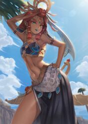  absurdres blue_lips blue_nails blue_sky breasts circlet dark-skinned_female dark_skin female gerudo green_eyes hand_on_own_hip highres jewelry midriff navel pointy_ears red_hair riju sarong scimitar sky small_breasts smile solo sword takinashi_(friend_coffee) the_legend_of_zelda the_legend_of_zelda:_tears_of_the_kingdom weapon weapon_on_back 