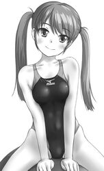  bare_shoulders between_legs breasts commentary_request competition_swimsuit covered_nipples cowboy_shot female greyscale hair_tie hand_between_legs head_tilt highres long_hair looking_at_viewer medium_breasts mizuno_(brand) monochrome one-piece_swimsuit original sideways_glance simple_background smile solo straddling swept_bangs swimsuit tk4 twintails v_arms 