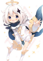  arm_up black_cape blue_eyes blush boots cape female genshin_impact hair_ornament hairclip halo highres leaning_forward open_mouth outstretched_arm outstretched_hand paimon_(genshin_impact) romper senmen_kinuko short_hair sleeves_past_wrists smile solo white_footwear white_hair white_romper 