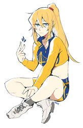  absurdres alternate_costume artist_name bike_shorts blonde_hair blue_eyes blue_jacket blue_shorts collar collared_jacket commentary crop_top cropped_jacket crossed_legs eri_(erikiri) esports_apparel female golden_guardians grey_socks hair_tie hand_on_leg high_tops highres jacket lightning_bolt_symbol logo long_hair metroid midriff multicolored_clothes multicolored_jacket multicolored_shorts partially_unzipped red_headwear samus_aran shoes shorts sidelocks simple_background sitting sneakers socks solo v white_background white_footwear yellow_jacket yellow_shorts zipper 