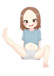  :d atg_(wttoo0202) barefoot blue_shirt blush brown_eyes brown_hair commentary female forehead full_body grey_shorts highres karakai_jouzu_no_(moto)_takagi-san karakai_jouzu_no_takagi-san leg_up nishikata_chii paid_reward_available parted_bangs shirt short_shorts short_sleeves shorts simple_background sitting smile soles solo teeth upper_teeth_only v-shaped_eyebrows white_background 