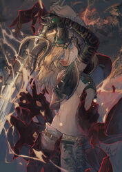  1boy absurdres blonde_hair blue_eyes bruise charged_set_(zelda) claws electricity fake_horns fingernails gloom_spawn glowing glowing_weapon grabbing highres horned_headwear horned_tiara horns injury link male_focus monster official_alternate_costume pelvic_curtain pointy_ears sharp_fingernails sword the_legend_of_zelda the_legend_of_zelda:_tears_of_the_kingdom tiara weapon wsue14 