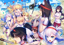  6+girls absurdres aircraft airplane alternate_costume animal_ear_fluff animal_ears azur_lane bare_legs beach black_hair blonde_hair blue_eyes blue_footwear blue_sky blush breast_hold breasts brown_eyes brown_hair buruma carrying closed_eyes closed_mouth cloud cloudy_sky commentary confetti cross-laced_footwear day dust embarrassed female_pervert flag grey_hair gym_uniform hair_between_eyes hair_flaps hair_ribbon hairband happy headband highres horn_ornament horns index_finger_raised kibasen king_george_v_(azur_lane) long_hair looking_at_viewer manjuu_(azur_lane) medium_breasts mikasa_(azur_lane) mitchy1023 mole mole_under_eye multiple_girls nagato_(azur_lane) nelson_(azur_lane) ocean oerba_yun_fang open_mouth outdoors pants pervert piggyback pointing ponytail queen_elizabeth_(azur_lane) red_buruma red_eyes red_pants ribbon rodney_(azur_lane) running scared shirt shoes short_sidetail short_sleeves shoukaku_(azur_lane) sky small_breasts smile sports_festival standing straight_hair sweatpants takao_(azur_lane) tears thighs torpedo twintails wavy_mouth white_hair white_shirt zuikaku_(azur_lane) 