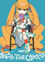  absurdly_long_hair absurdres aqua_bow blue_background blunt_bangs blush_stickers boots bow bracelet chair copyright_name doughnut dress eating eiga_daisuki_pompo-san female food green_eyes highres jewelry joelle_pomponett kneehighs long_hair looking_at_viewer magotsuki_(hurray) orange_hair red_socks sidelocks sitting sleeveless sleeveless_dress socks solo very_long_hair white_dress 