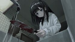  black_hair blood blood_on_knife blood_on_weapon blue_eyes blunt_bangs bottle cleaning closed_mouth expressionless faucet female fingernails highres holding holding_knife holding_weapon hood hoodie indoors knife long_hair long_sleeves original sakiika0513 solo tile_floor tiles water weapon white_hoodie 