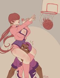  1boy absurdres backwards_hat ball baseball_cap basketball basketball_(object) basketball_hoop black_hair blowing_kiss boots breasts cleavage cleavage_cutout clothing_cutout commentary commission cropped_jacket dark-skinned_male dark_skin english_commentary female hair_over_eyes hat heart highres jacket kaibuzetta large_breasts leg_lock light_blush lips long_hair long_sleeves looking_at_viewer lucky_glauber outstretched_arm pink_footwear pink_jacket pink_skirt playing_sports puckered_lips purple_headwear purple_shirt red_hair shermie_(kof) shirt short_hair short_sleeves signature skirt split_ponytail sweat the_king_of_fighters twintails very_dark_skin 