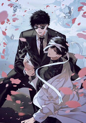  2boys bandaged_head bandages black_hair black_necktie blurry cigarette formal futaba_hazuki gakuran holding_another&#039;s_wrist looking_back male_focus multiple_boys necktie parted_lips petals sakurazuka_seishirou school_uniform shirt short_hair smoking stone suit sumeragi_subaru sunglasses white_shirt wind x_(manga) 