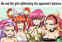  4girls armor bare_shoulders black_eyes black_hairband breasts cleavage commentary cyber_shield_(yu-gi-oh!) cyber_slash_harpie_lady duel_monster earrings english_commentary english_text green_eyes grin hair_between_eyes hair_rings hairband harpie_channeler harpie_harpist harpie_lady harpie_perfumer harpy hoop_earrings jewelry large_breasts lewdamone long_hair looking_at_viewer me_and_the_boys_(meme) meme monster_girl multicolored_hair multiple_girls orange_eyes orange_hair pink_hair pink_hairband pointy_ears purple_hair purple_lips smile spiked_armor teeth twintails two-tone_hair winged_arms wings yu-gi-oh! 