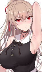  absurdres arm_up armpits bare_arms bare_shoulders black_dress blush breasts brown_hair closed_mouth collarbone collared_dress commentary_request dress female furen_e_lustario furen_e_lustario_(2nd_costume) hair_between_eyes highres kirikan_(cokekiri) long_hair looking_at_viewer medium_breasts nijisanji ponytail red_eyes simple_background sleeveless sleeveless_dress solo upper_body v-shaped_eyebrows very_long_hair virtual_youtuber white_background 