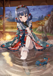  absurdres bath black_cat black_gloves blue_hair blunt_bangs blush braid feline female frills gloves hair_ornament highres hmax idolmaster idolmaster_cinderella_girls idolmaster_cinderella_girls_starlight_stage japanese_clothes kimono lolita_fashion long_sleeves looking_at_viewer no_shoes onsen pantyhose partially_submerged pero_(idolmaster_cinderella_girls) print_kimono red_eyes rock sajo_yukimi see-through smile soaking_feet solo wet wet_clothes white_pantyhose wide_sleeves 