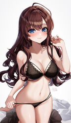  :3 absurdres ahoge bad_id bad_pixiv_id bare_arms blue_eyes blush bra breasts brown_hair cleavage cowboy_shot female highres ichinose_shiki idolmaster idolmaster_cinderella_girls kudou_(sikisiki0000) lace lace_bra lace_panties large_breasts long_hair looking_at_viewer nail_polish panties panty_tug sidelocks simple_background smile thighs underwear white_background 