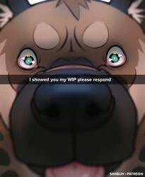  2022 ambiguous_gender anthro blue_eyes close-up conditional_dnp detailed_eyes digital_media_(artwork) english_text front_view headshot_portrait hi_res hyena looking_at_viewer mammal meme please_respond portrait sini_(sinibun_95) sinibun_95 snapchat snout soft_focus solo spotted_hyena text tongue tongue_out 