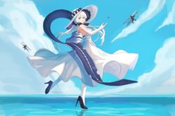  aircraft airplane azur_lane backless_dress backless_outfit bare_shoulders biplane black_footwear blue_eyes blue_gemstone blue_sky breasts clip_studio_paint_(medium) dress elbow_gloves female flight_deck from_behind full_body gem gloves hat high_heels illustrious_(azur_lane) large_breasts long_dress long_hair looking_at_viewer looking_back peroncho shoes sky solo strapless strapless_dress sun_hat thighhighs tri_tails very_long_hair walking walking_on_liquid white_dress white_gloves white_hair white_hat white_thighhighs 