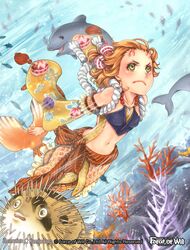  artist_name bare_shoulders blonde_hair commentary_request copyright_name coral dolphin female fish force_of_will green_eyes horns japanese_clothes kamijororo mermaid midriff monster_girl navel official_art solo underwater 