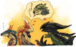  ambiguous_gender astalos capcom claws female feral flying_wyvern group heart_symbol horn japanese_text lagiacrus leviathan_(mh) monster_hunter rath_wyvern rathian red_eyes reptile scalie seregios simple_background text translated unknown_artist wings yellow_eyes 