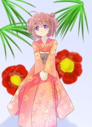  akaza_akari commentary_request female flat_chest flower highres japanese_clothes partial_commentary purple_eyes short_hair smile solo sonyntendo yuru_yuri 