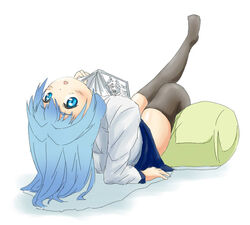  blue_eyes blue_hair book female female legs long_hair mikomu original simple_background sitting skirt solo stockings thighhighs white_background 