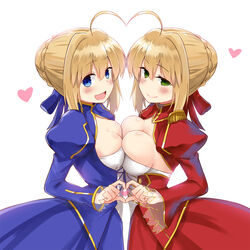  2girls :d ahoge artoria_pendragon_(fate) asymmetrical_docking blue_dress blue_eyes blue_ribbon blush braid breast_press breasts center_opening cleavage commentary dress epaulettes fate/extra fate/stay_night fate_(series) french_braid green_eyes hair_bun hair_ribbon heart heart_ahoge_duo heart_hands heart_hands_duo lace-trimmed_sleeves lace_trim large_breasts long_sleeves looking_at_viewer medium_breasts multiple_girls nero_claudius_(fate) nero_claudius_(fate/extra) open_mouth photoshop_(medium) puffy_long_sleeves puffy_sleeves red_dress red_ribbon ribbon saber_(fate) sidelocks simple_background single_hair_bun smile standing subaru_(794829485) symbol-only_commentary symmetry white_background 