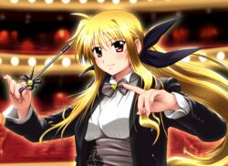  alternate_weapon bardiche_(nanoha) blush commentary_request conductor conductor_baton cosplay diesel-turbo fate_testarossa female formal hair_ribbon long_hair lyrical_nanoha mahou_senki_lyrical_nanoha_force mizuki_nana mizuki_nana_(cosplay) objectification revision ribbon smile solo suit tuxedo very_long_hair voice_actor_connection weapon 