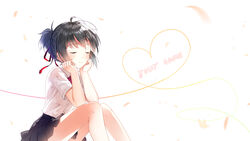  arm_support black_skirt blush bow bowtie braid bug butterfly closed_eyes closed_mouth commentary_request copyright_name female gradient_ribbon hair_ribbon head_rest heart heart_of_string highres kimi_no_na_wa. miyamizu_mitsuha petals pleated_skirt purple_ribbon red_bow red_bowtie red_ribbon ribbon school_uniform shirt short_sleeves sitting skirt smile solo white_shirt xia_xiang_(ozicha) 