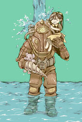  &gt;_&lt; apron atrium_(artist) big_daddy_(bioshock) bioshock bioshock_2 boots closed_eyes diving_suit drill female helmet little_sister_(bioshock) ponytail stuffed_bear subject_delta teddy_bear water wet 