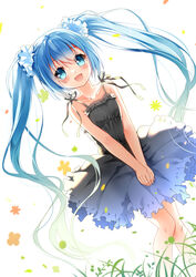  :d absurdly_long_hair bare_arms bare_shoulders black_dress blue_eyes blue_hair blush collarbone commentary_request dress dutch_angle female hair_between_eyes hair_ornament hair_scrunchie hatsune_miku long_hair looking_at_viewer open_mouth scrunchie sleeveless sleeveless_dress smile solo standing sundress twintails v_arms very_long_hair vocaloid white_background white_scrunchie xia_xiang_(ozicha) 