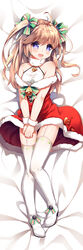  :d ahoge bare_shoulders bell blush bow breasts christmas commentary_request dakimakura_(medium) dress dress_tug eyes_visible_through_hair female full_body fur-trimmed_dress fur_collar fur_trim garter_straps hair_between_eyes hair_ribbon hairbow halterneck heart long_hair looking_at_viewer lying no_shoes off-shoulder_dress off_shoulder on_back open_mouth purple_eyes red_dress revision ribbon shirt small_breasts smile solo thighhighs two_side_up v_arms vauquelin_(warship_girls_r) warship_girls_r white_shirt white_thighhighs wristband xia_xiang_(ozicha) 