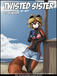  3:4 ailurid anthro beach beverage bikini blonde_hair bottomwear bracelet breasts clothed clothing conditional_dnp cutoffs daisy_dukes denim denim_bottomwear denim_clothing detailed_background digital_media_(artwork) drinking eyewear female food glasses green_eyes hair hotpants jay_naylor jewelry lynne mammal outside red_panda sand seaside shorts skimpy sky solo sunglasses swimwear text url water 