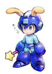  1boy animal_ears blue_eyes commentary_request ears_through_headwear helmet highres male_focus mega_man_(character) mega_man_(classic) mega_man_(series) rabbit_ears solo star_rod super_smash_bros. t-tom 