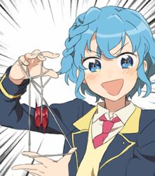  :d blue_eyes blue_hair blush braid collared_shirt commentary dorothy_west doyagao emphasis_lines female looking_at_viewer lowres meme necktie open_mouth paprika_private_academy_school_uniform pretty_series pripara red_necktie sakuragi_mochi school_uniform shirt short_hair smile smug solo sparkling_eyes string_play_spider_baby_(meme) sweater upper_body v-shaped_eyebrows white_background yo-yo 