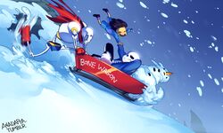  2boys anadapta androgynous artist_name boots cape closed_eyes commentary_request english_text frisk_(undertale) holding_hands lolicon motion_blur multiple_boys papyrus_(undertale) pine_tree purple_hair sans_(undertale) skeleton sled sledding snow snowman tree undertale 