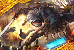  1boy battle commentary_request cporing cutting cyborg dwarf_gekko explosion glowing glowing_eye highres katana male_focus metal_gear_(series) metal_gear_rising:_revengeance photoshop_(medium) raiden_(metal_gear) science_fiction solo_focus sword weapon white_hair 