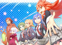  1boy 5girls :d alternate_universe amou_kanade blue_eyes blue_hair brown_hair closed_eyes commentary_request detached_sleeves foreshortening green_eyes green_hair hair_between_eyes headpat holding_hands kazanari_genjuurou kazanari_tsubasa kohinata_miku light_purple_hair long_hair looking_at_viewer lydian_academy_school_uniform multiple_girls noise_(symphogear) open_mouth orange_eyes outstretched_hand photoshop_(medium) polka_dot polka_dot_background purple_eyes reaching red_hair school_uniform senki_zesshou_symphogear smile star_(symbol) tachibana_hibiki_(symphogear) touyama_sabu very_long_hair yukine_chris 