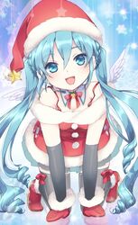  all_fours aqua_eyes aqua_hair christmas collar commentary_request elbow_gloves female gloves hat hatsune_miku head_tilt headset long_hair looking_at_viewer mittens open_mouth red_mittens ro_(igris-geo) santa_costume santa_hat skirt solo thighhighs twintails very_long_hair vocaloid wings 